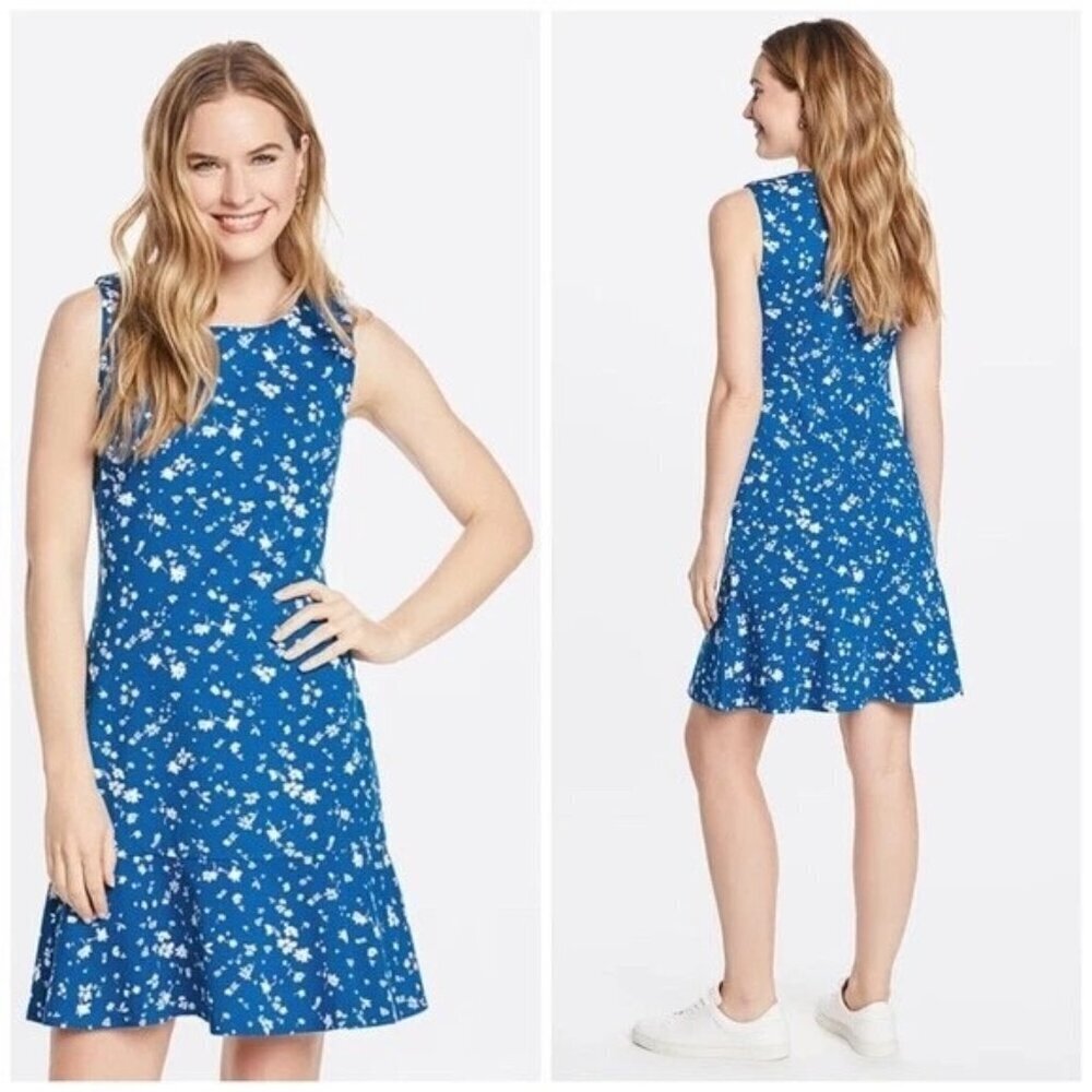 EUC Draper James medium Floral Ponte Sheath Dress Blue White Sleeveless